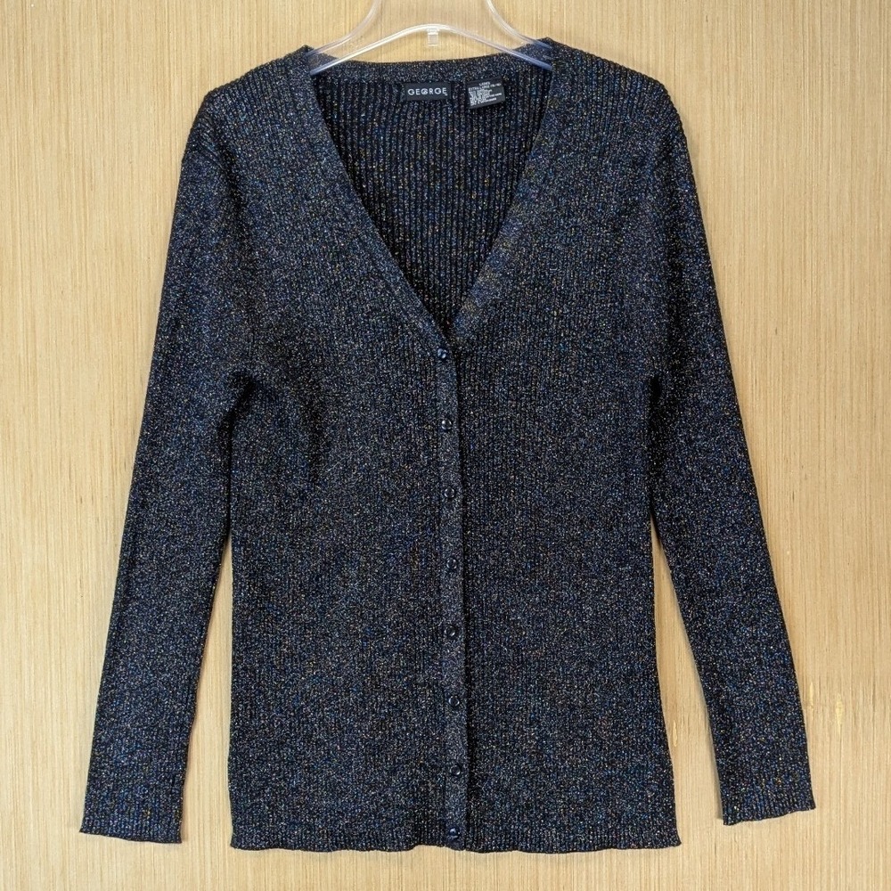 Rainbow Sparkle Black Metallic Ribbed V-Neck Cardigan Sweater Size XL Festive